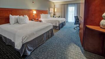 Desk, laptop workspace, blackout curtains, iron/ironing board