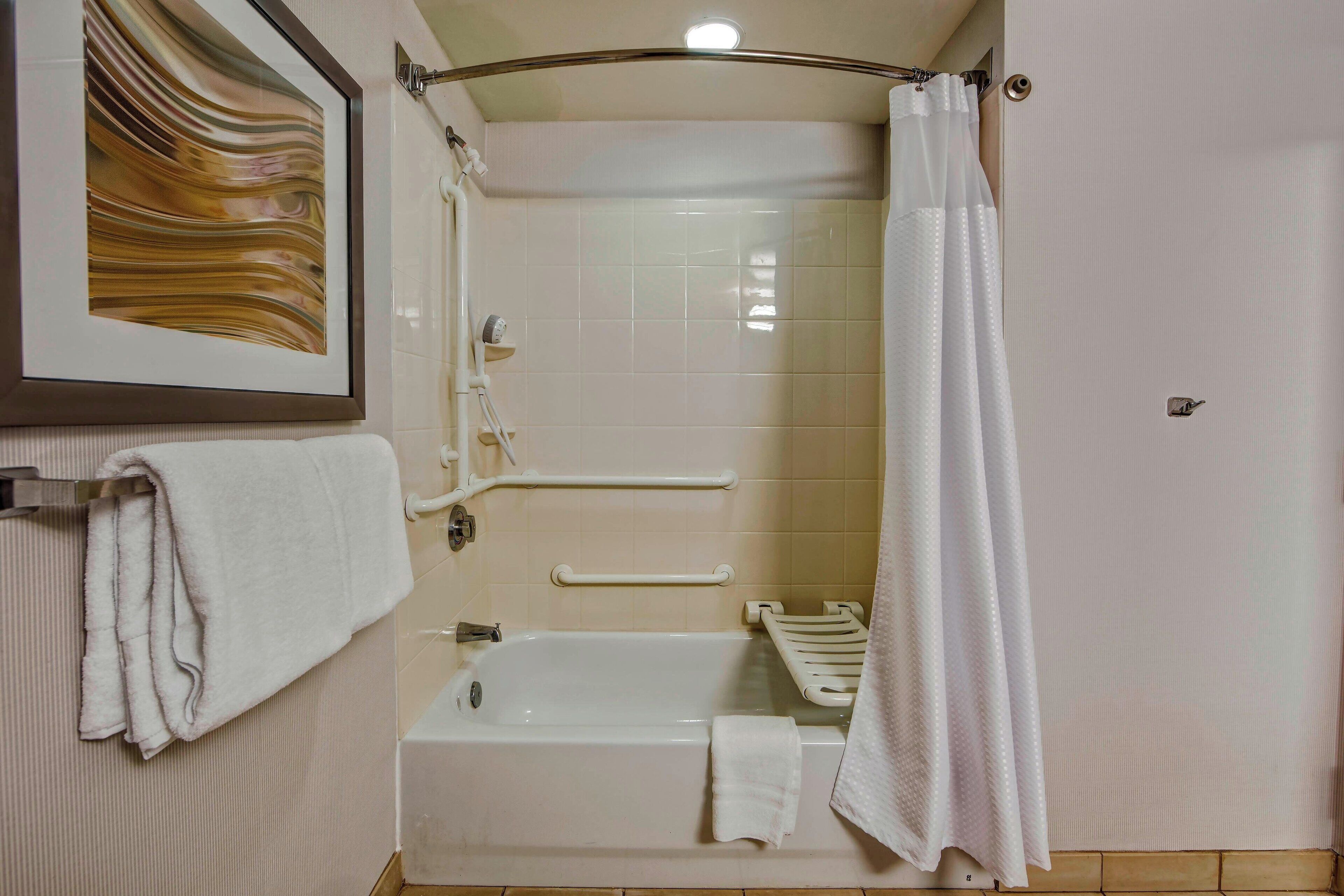 desk, laptop workspace, blackout curtains, iron/ironing board