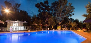 Outdoor pool, pool umbrellas, pool loungers