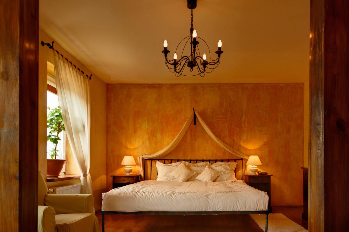 A bedroom with a canopy bed, two bedside lamps, a potted plant, and a chair.