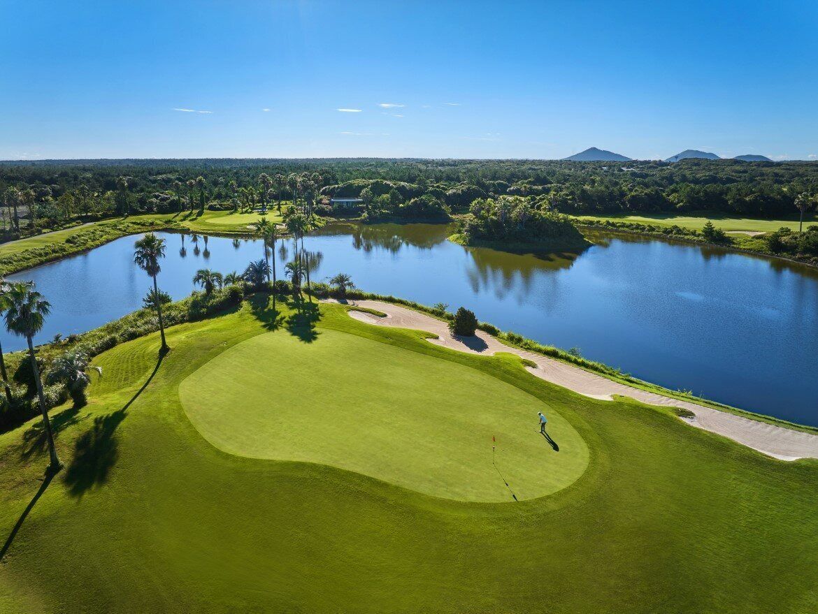 A golf course with a pond, palm trees, and a mountain in the background.