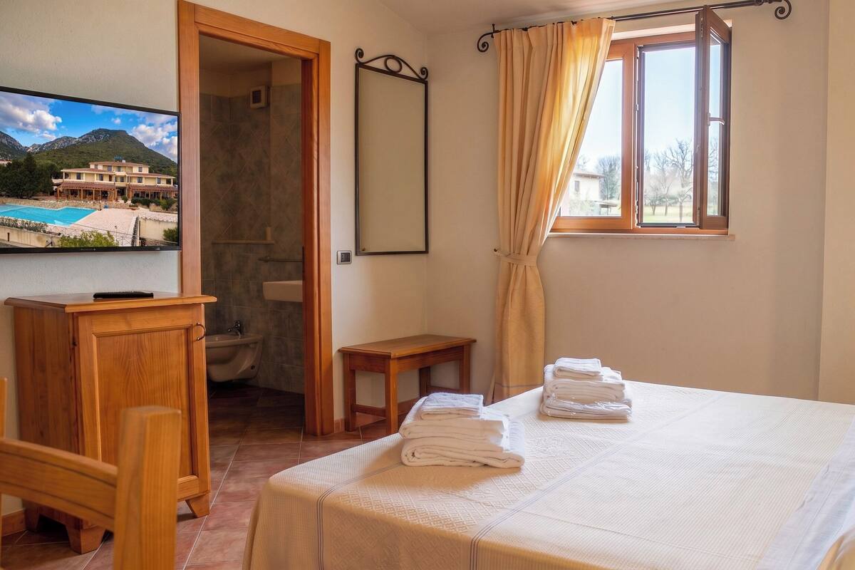 A hotel room with a bed, a wooden desk, a television, a bathroom with a shower, and a window with curtains.