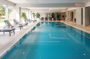 Una piscina interior con sillas de descanso y plantas en macetas.