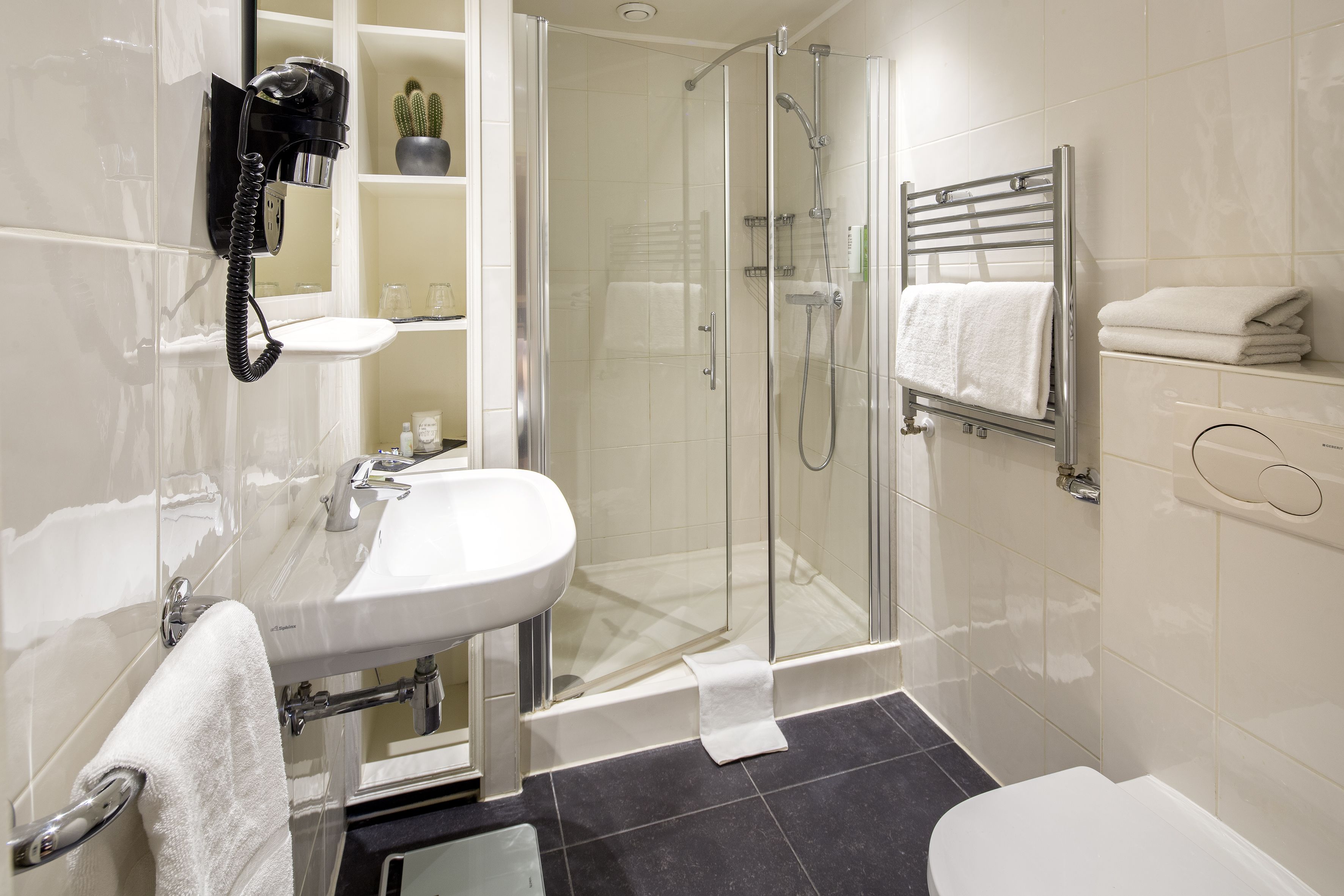 hair dryer, towels, soap, shampoo