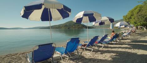 On the beach, sun loungers, beach umbrellas