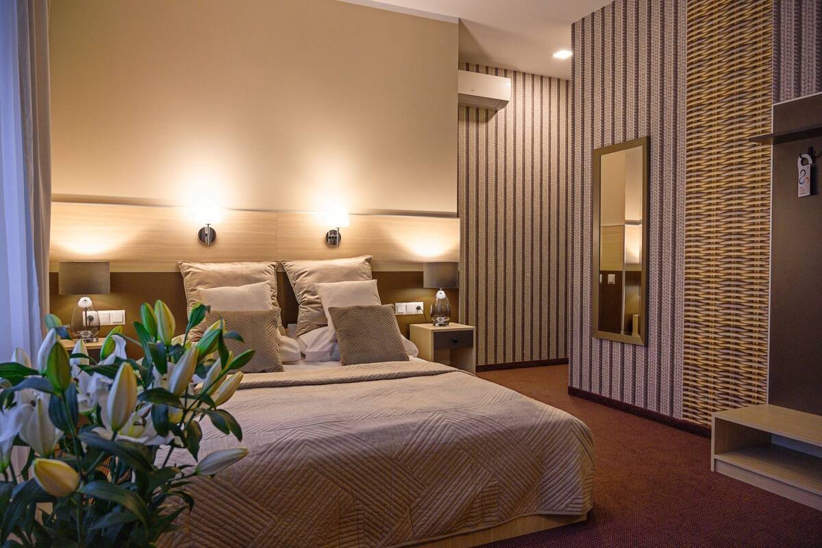 Une chambre d’hôtel avec un grand lit, des lampes de chevet, un miroir et une plante.