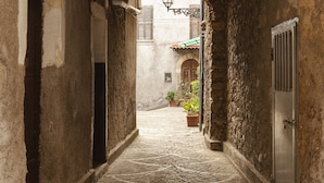 A narrow cobblestone alleyway with a rustic stone archway, a metal door, and a tiled floor. - Hotel Siviglia (Fiuggi)