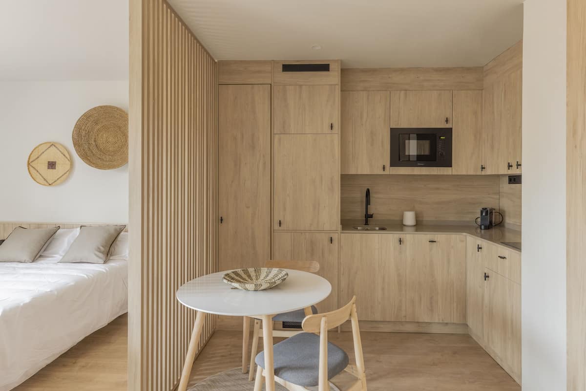 Studio, terras | Privékeuken | Een koelkast, een magnetron, een kookplaat, een vaatwasser