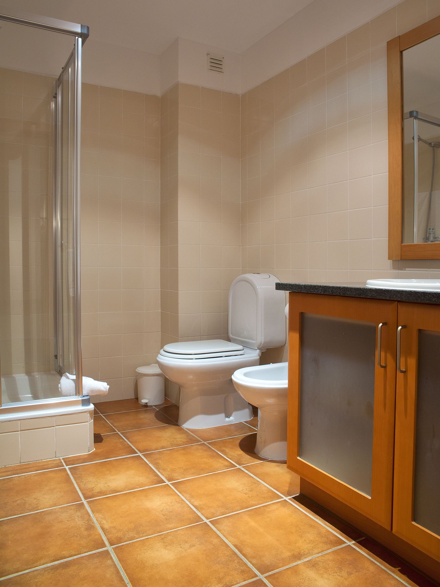 Un bagno con doccia, due servizi igienici e un lavandino.