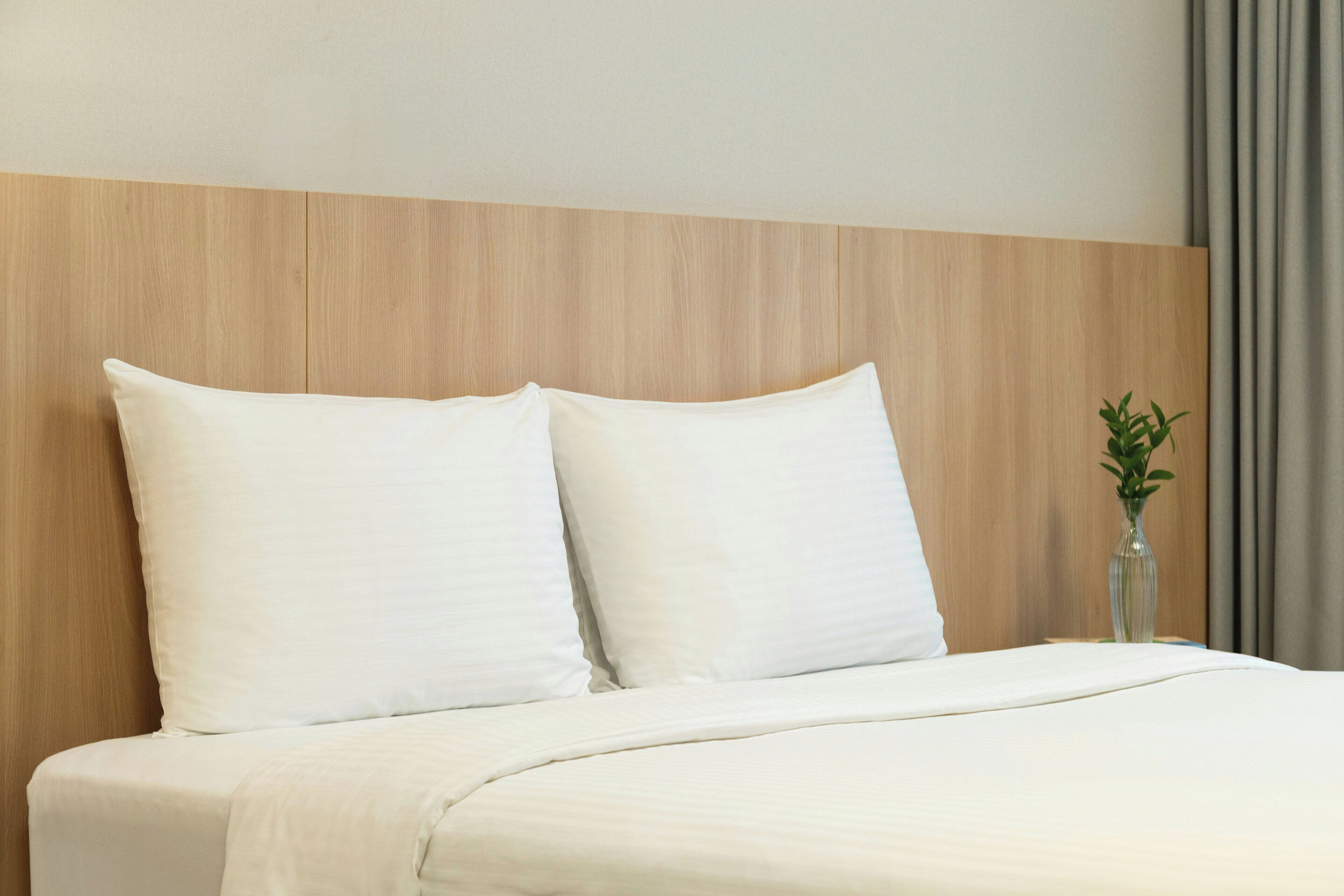 A hotel room with a wooden headboard, two white pillows, a bed with white bedding, and a small potted plant on the nightstand.