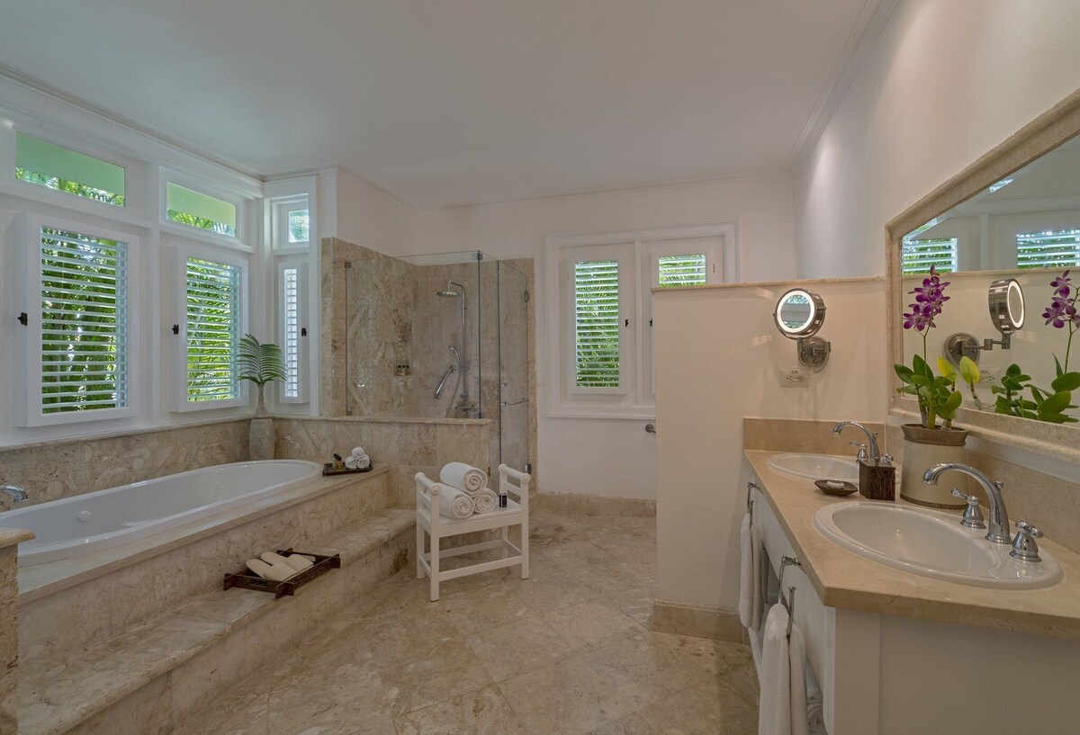 Separate tub and shower, free toiletries, hair dryer, bathrobes