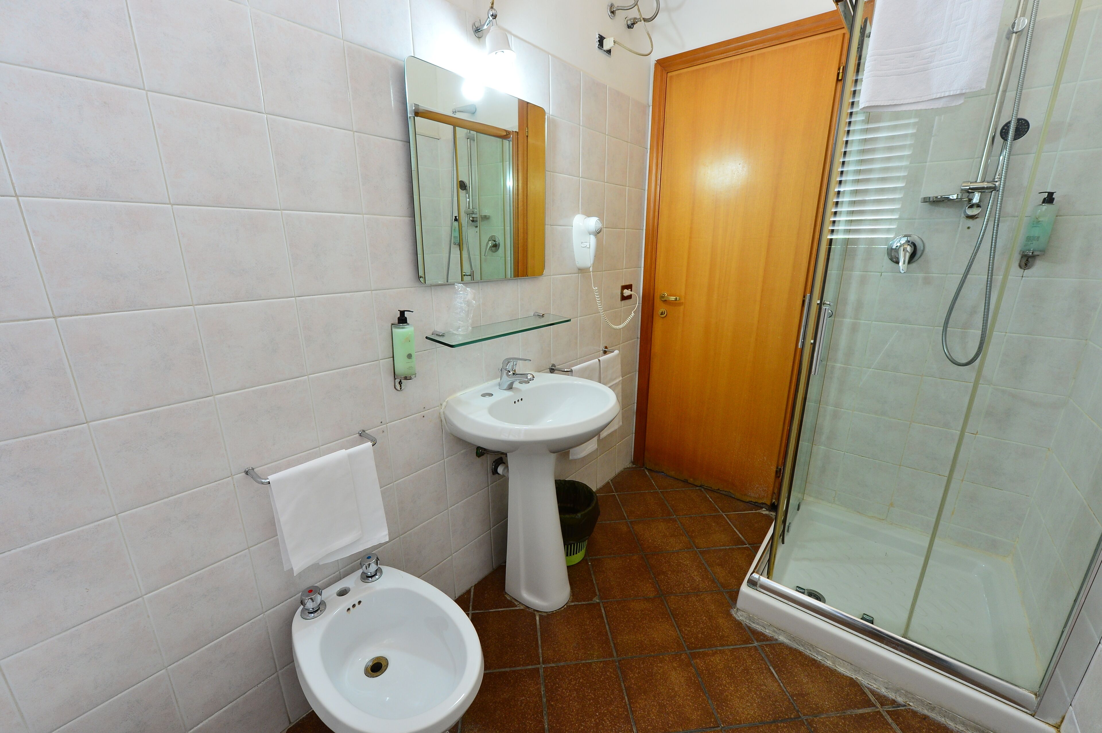 A bathroom with a sink, bidet, and glass-enclosed shower.