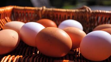 A wicker basket containing eggs.