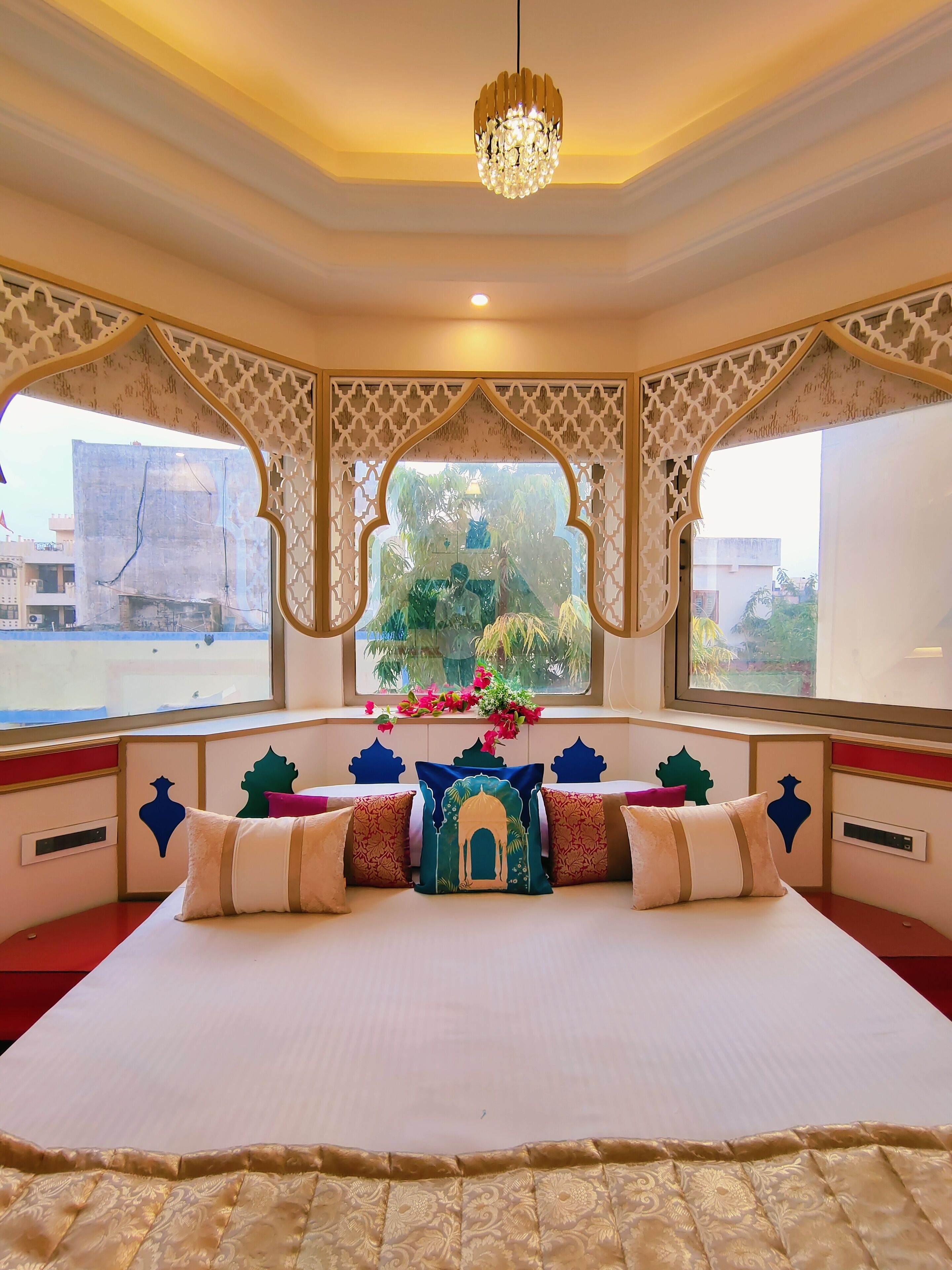 Mughal heritage room with 180 degree city view from Designer bed | Egyptian cotton sheets, premium bedding, memory foam beds, minibar