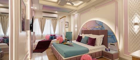 Lavender Theme Neo modern Room with Purple designer Bed & Extra Day bed | 1 bedroom, Egyptian cotton sheets, premium bedding, memory foam beds