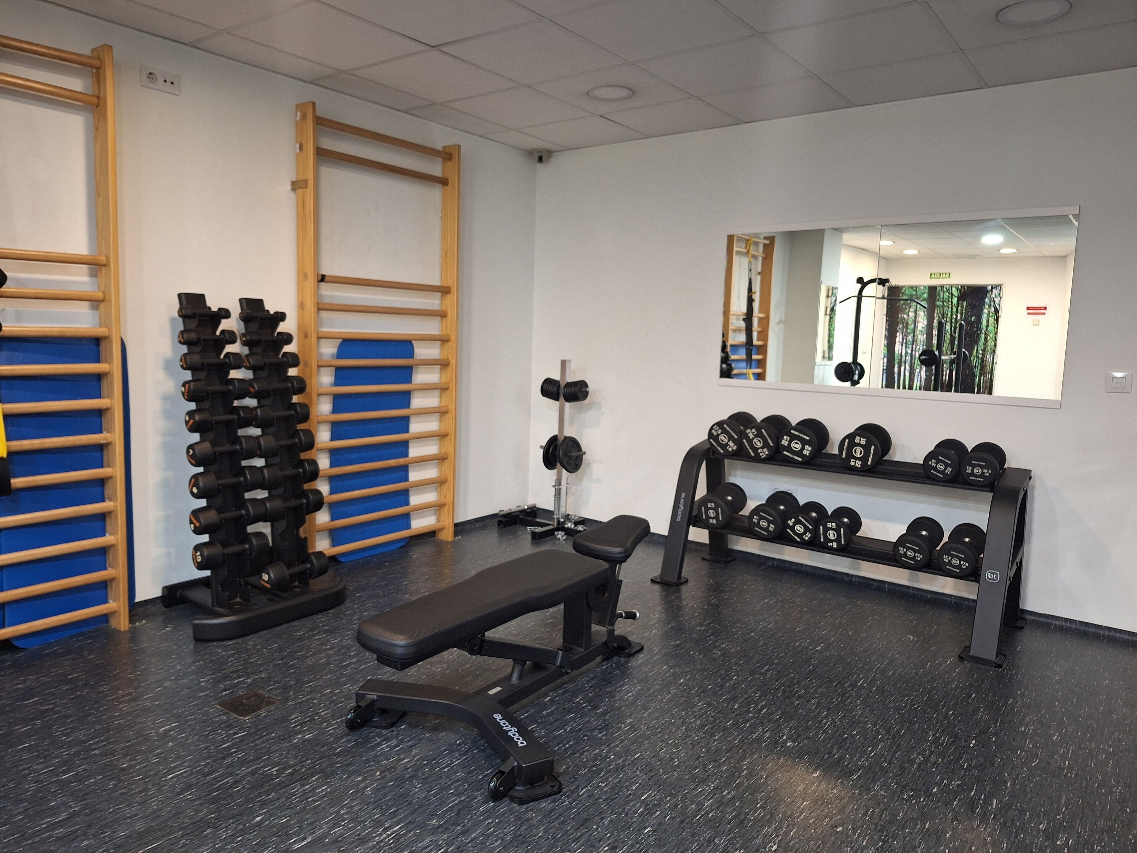 Un gimnasio con una banca, estantes para pesas y un espejo.