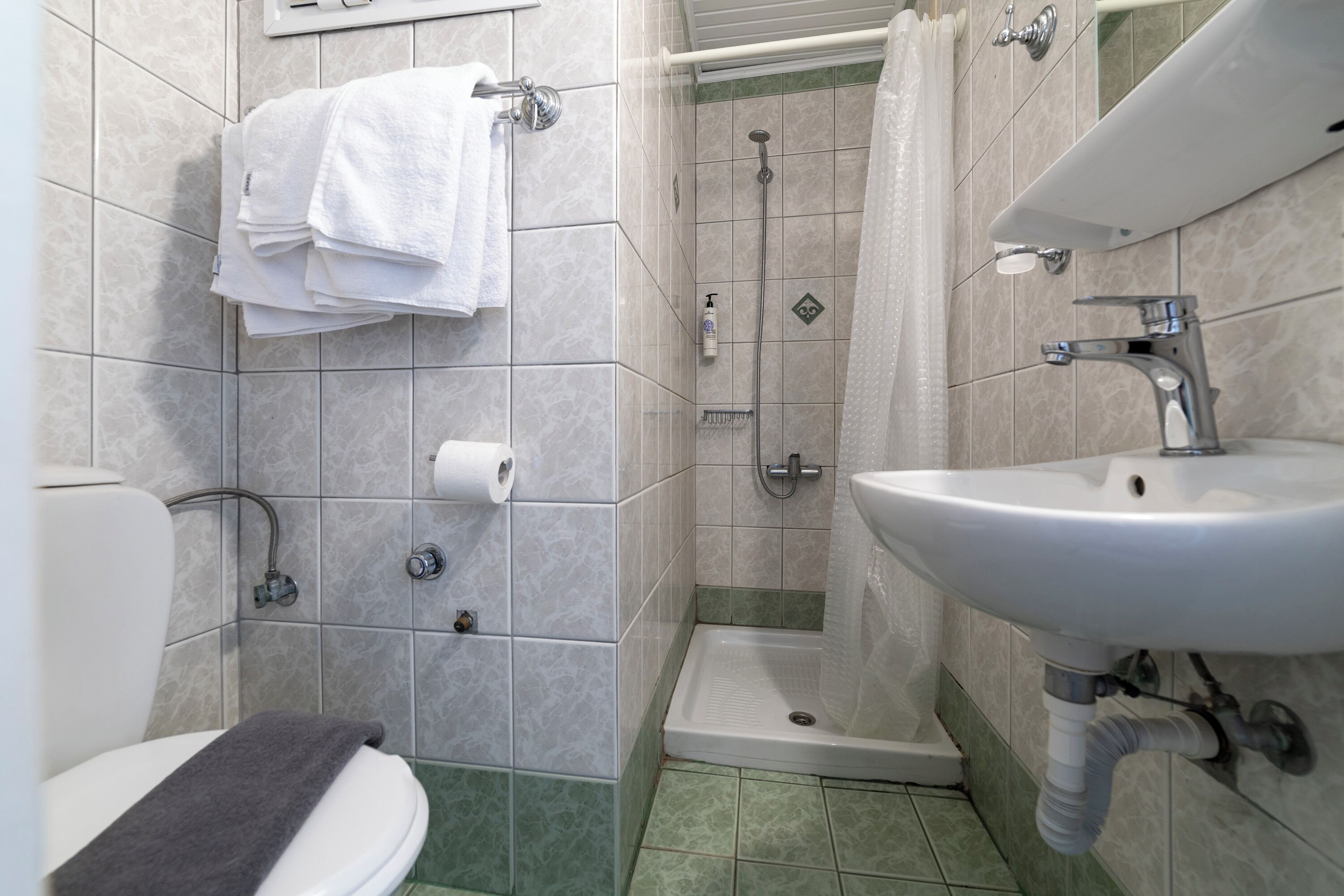 Un baño con inodoro, lavamanos, ducha y toallero.