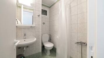 Een badkamer met toilet, wastafel en douche.