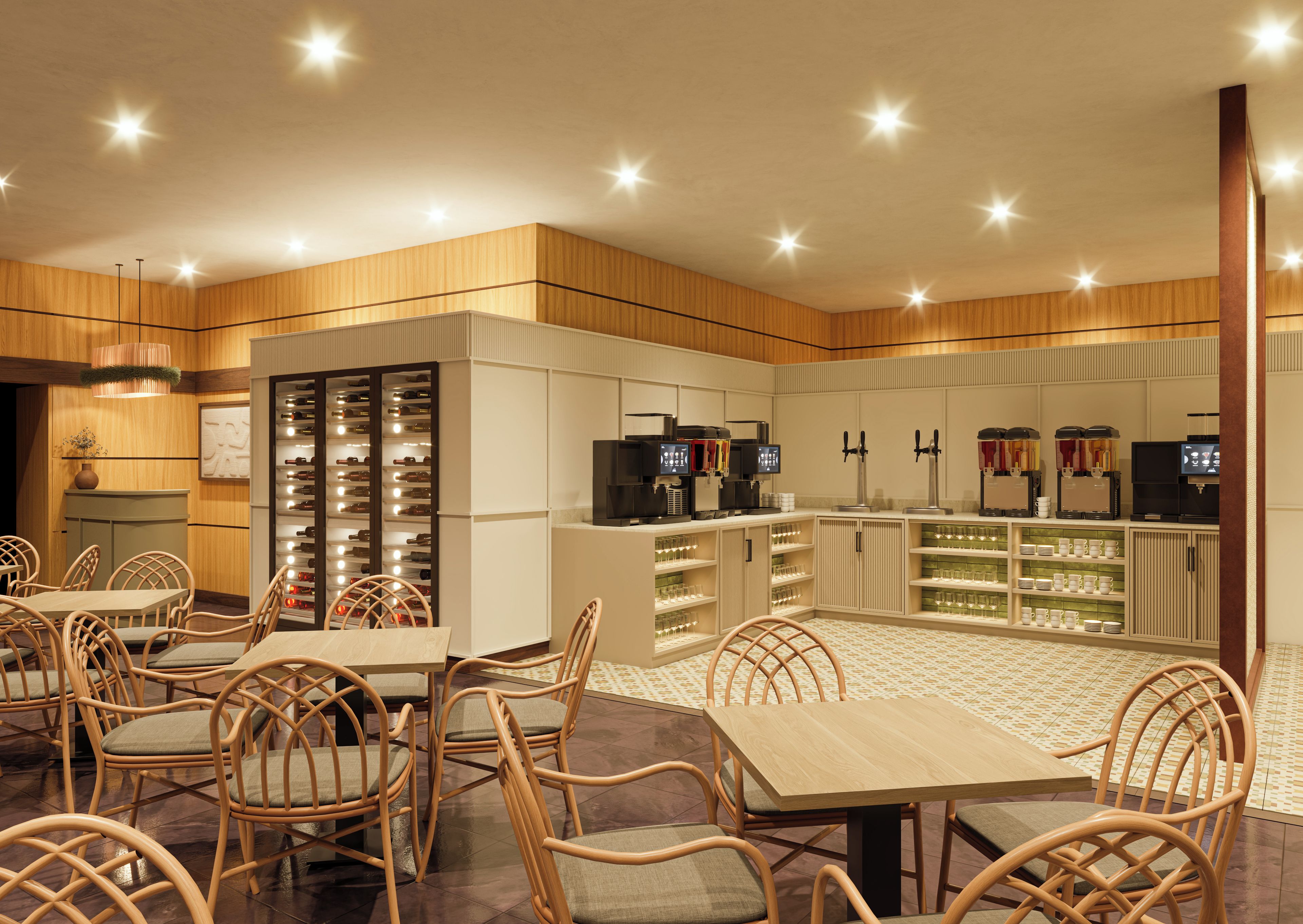 A restaurant with a wine cellar, coffee machines, and wicker chairs.