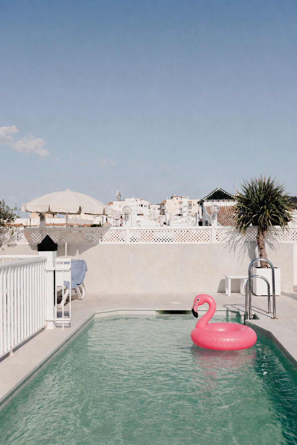 A swimming pool with a pink flamingo float, white lounge chairs, and a white fence with a palm tree.