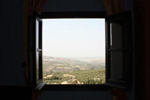 Una ventana con vistas abiertas a un paisaje montañoso.