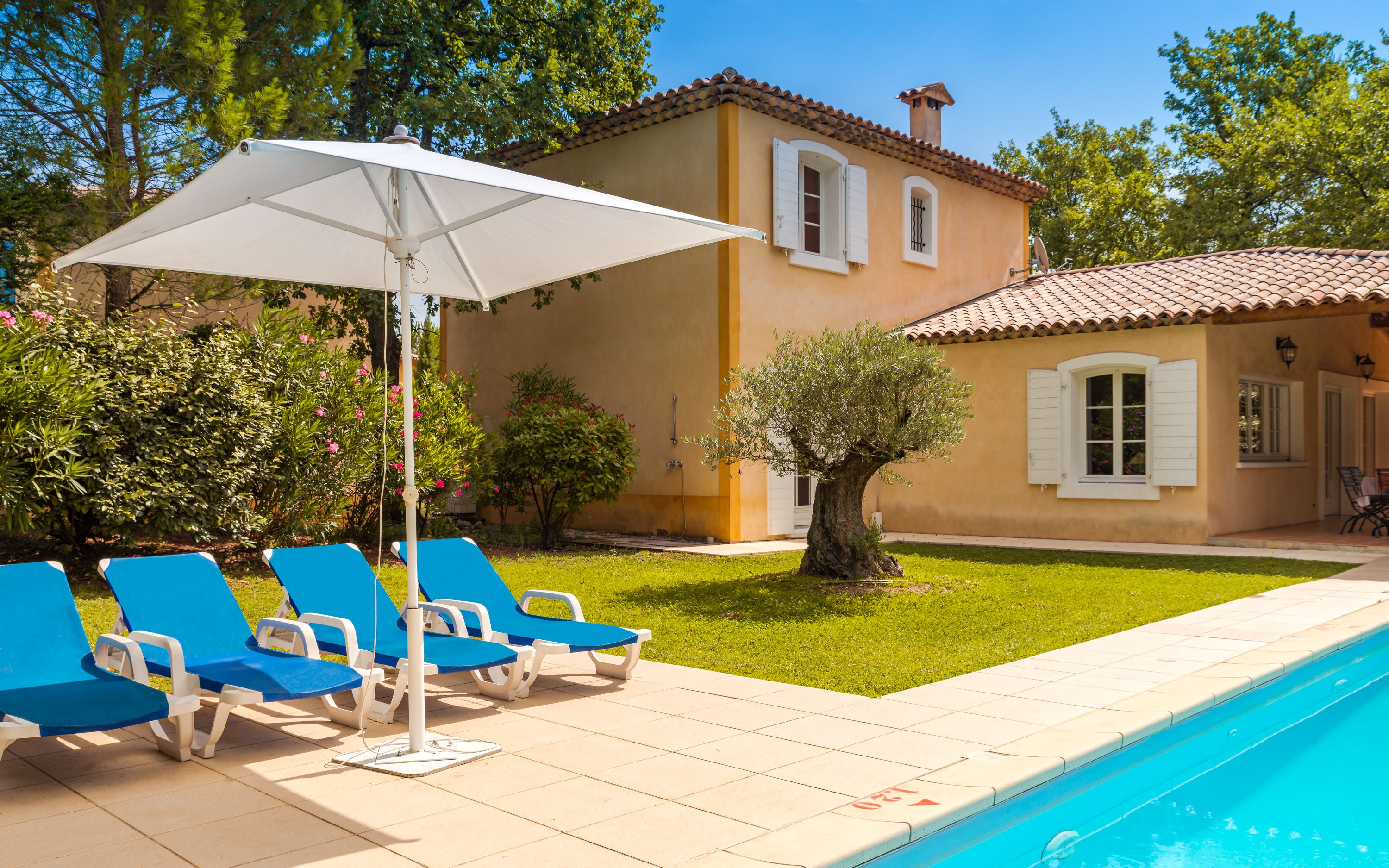 Un espace piscine avec des chaises longues bleues et un parasol blanc, un petit arbre et un bâtiment doté d’un toit en tuiles.