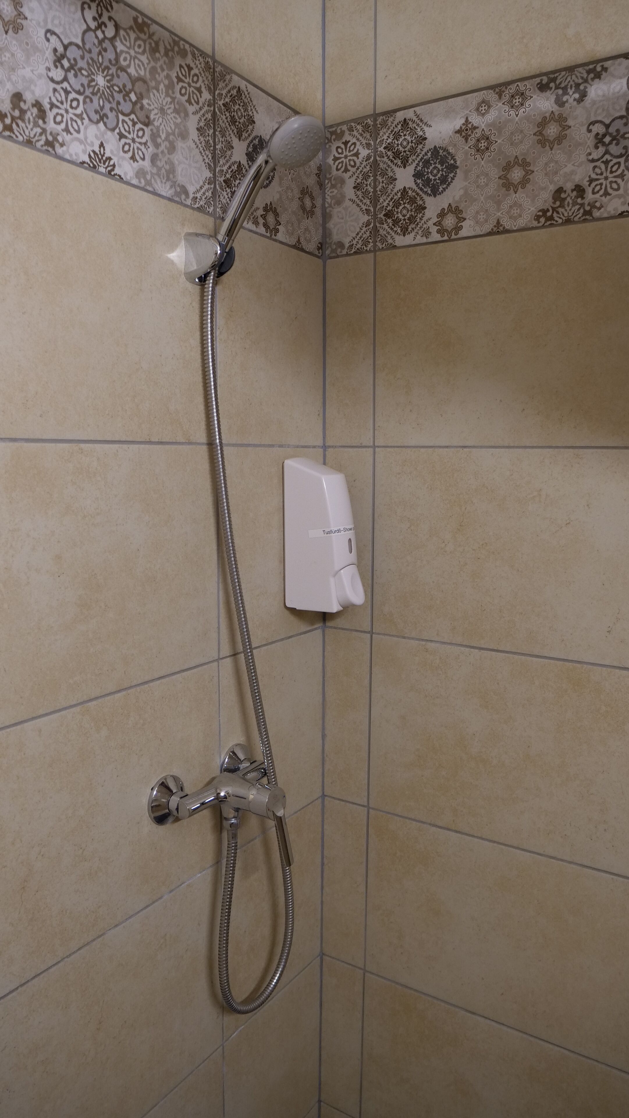 Een douche met een handdouche en een bediening aan de muur.