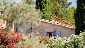 Una casa de piedra rústica con techo de tejas, rodeada de abundante vegetación y plantas con flores.