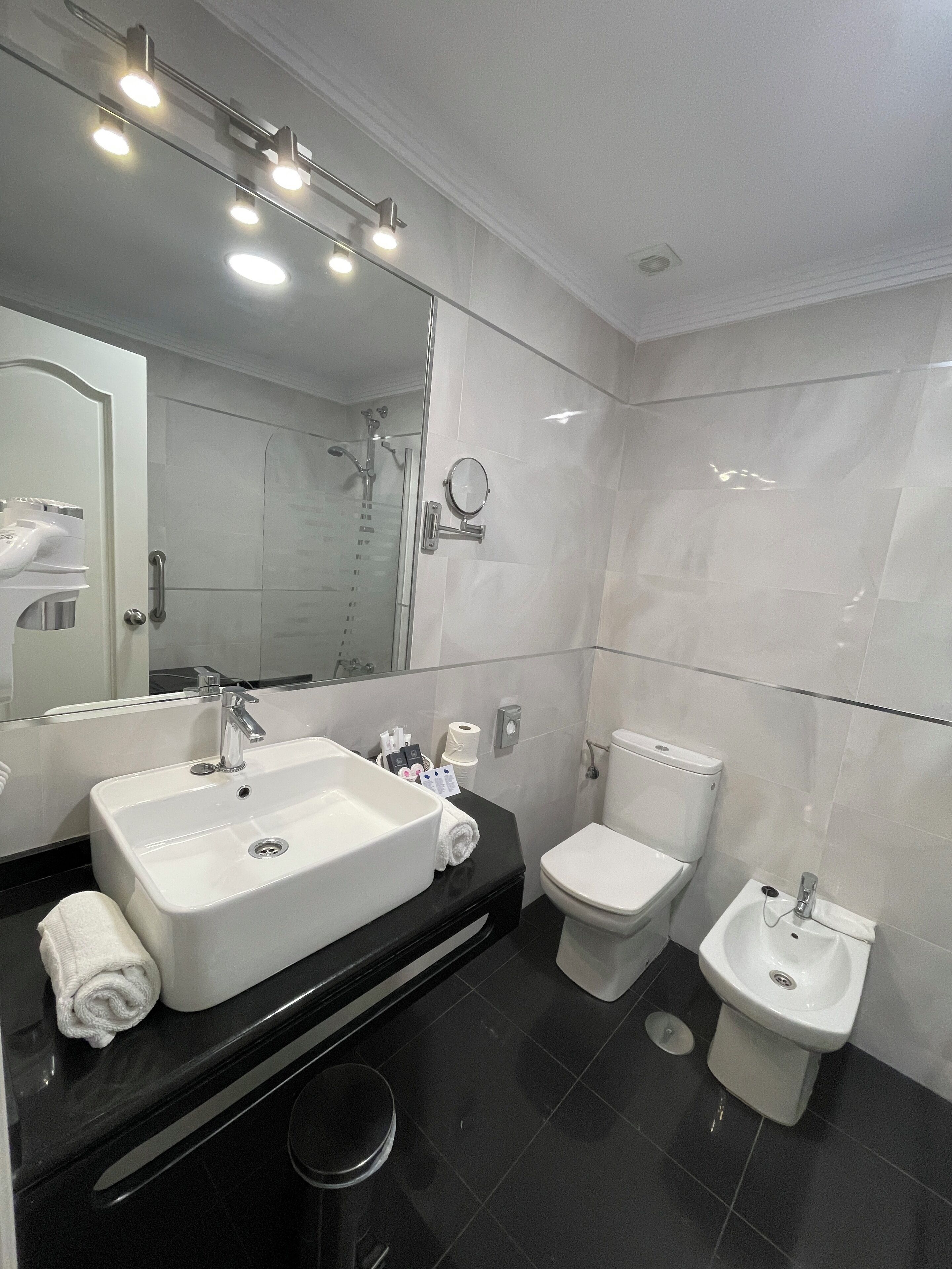 A modern bathroom with a large sink, a toilet, and a bidet.