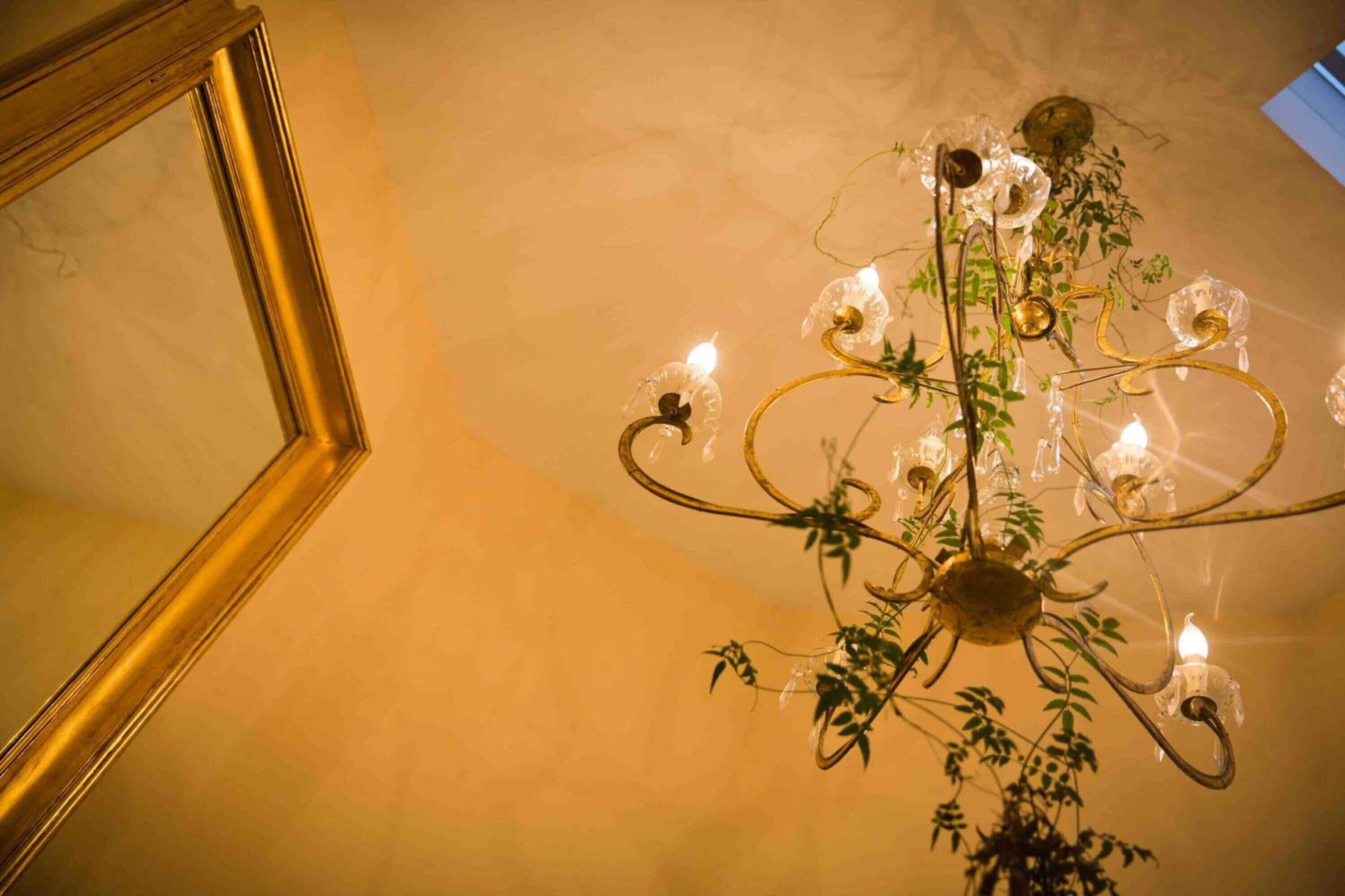 A chandelier with multiple light bulbs and decorative elements.