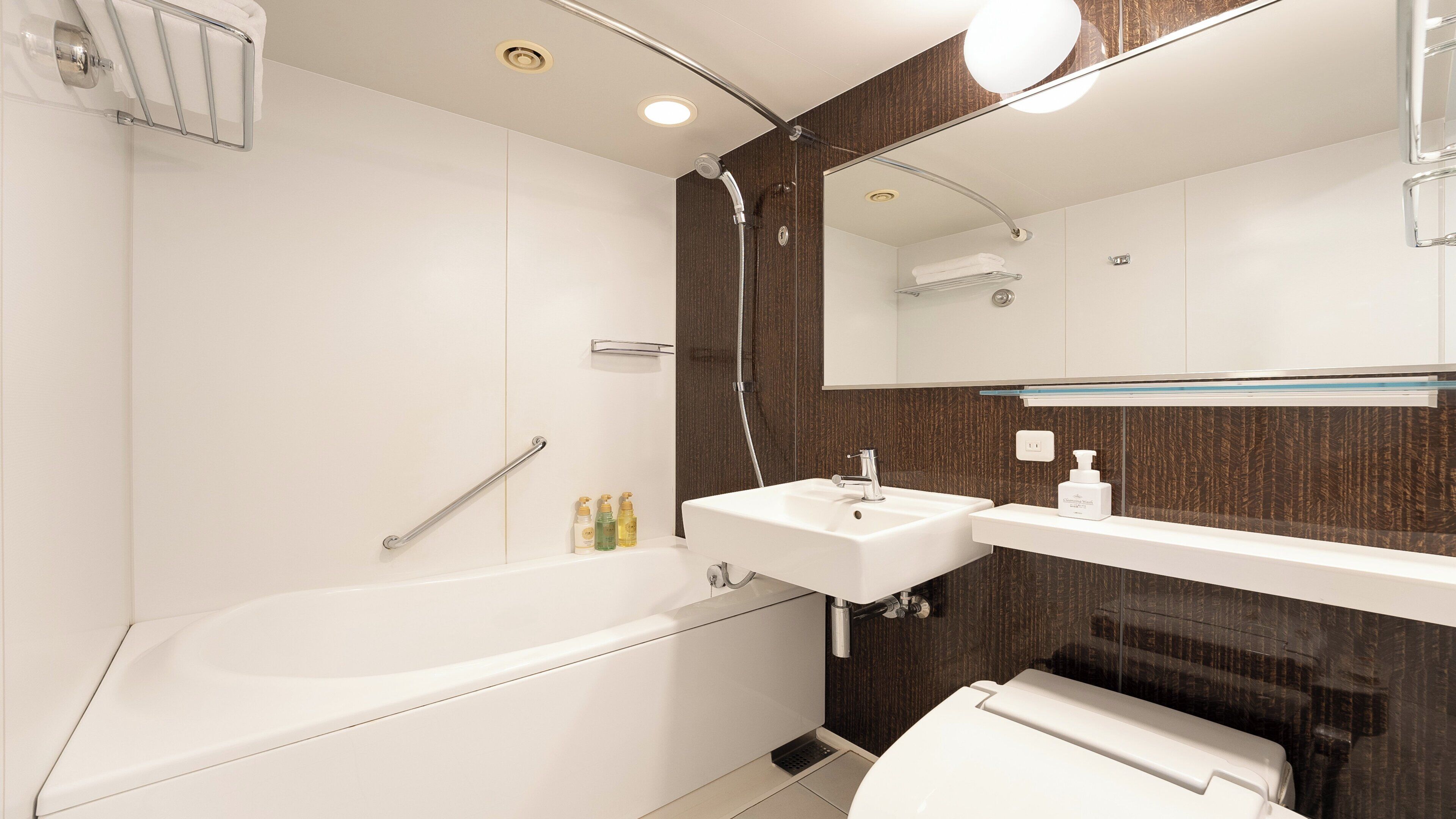 combined shower/bathtub, free toiletries, hair dryer, slippers