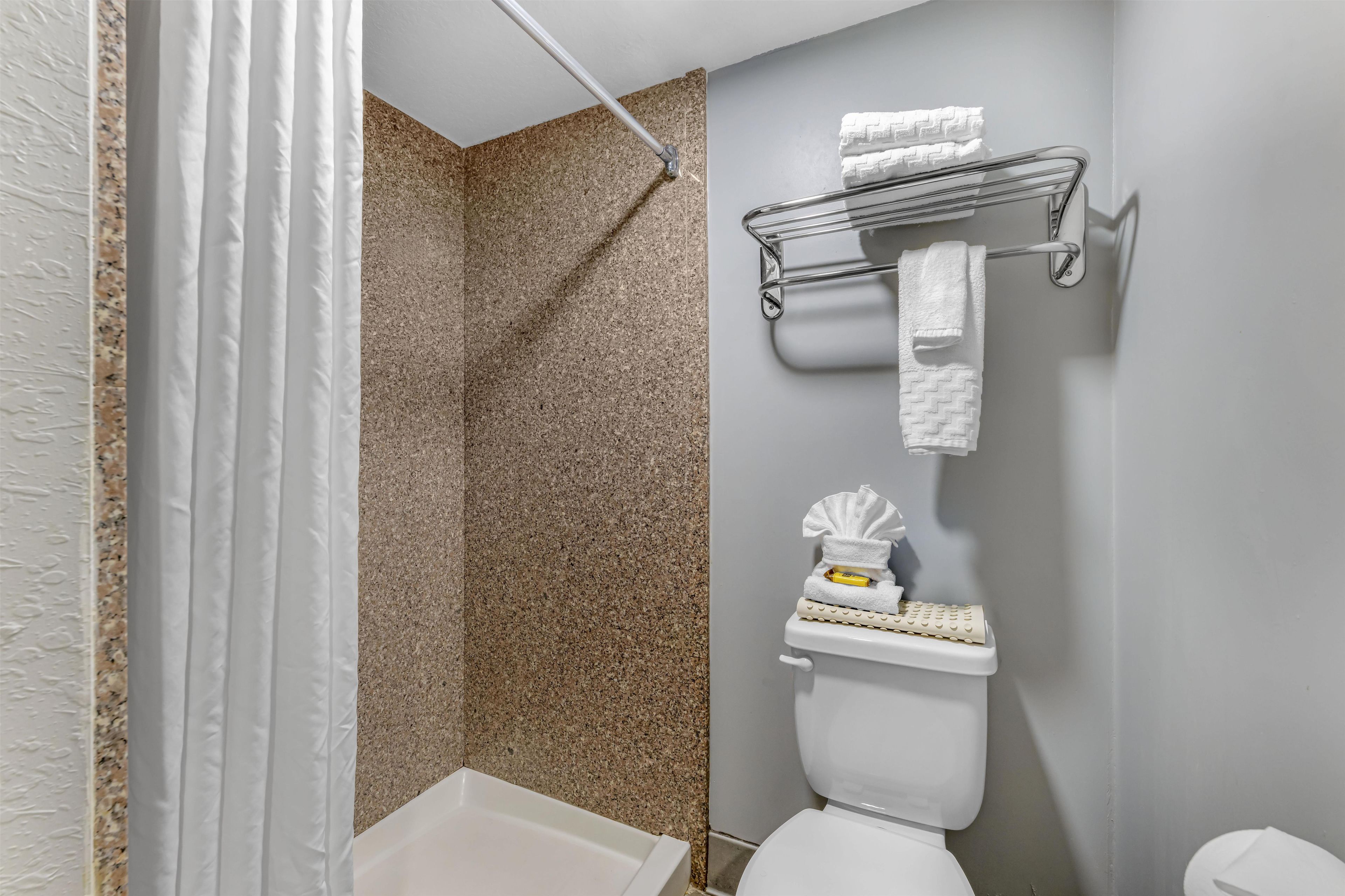 A bathroom with a shower, toilet, and a towel rack.