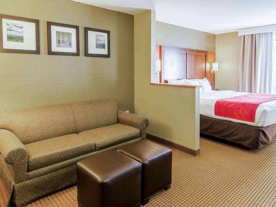 Habitación de hotel con cama, sofá, reposapiés y tres cuadros en la pared.