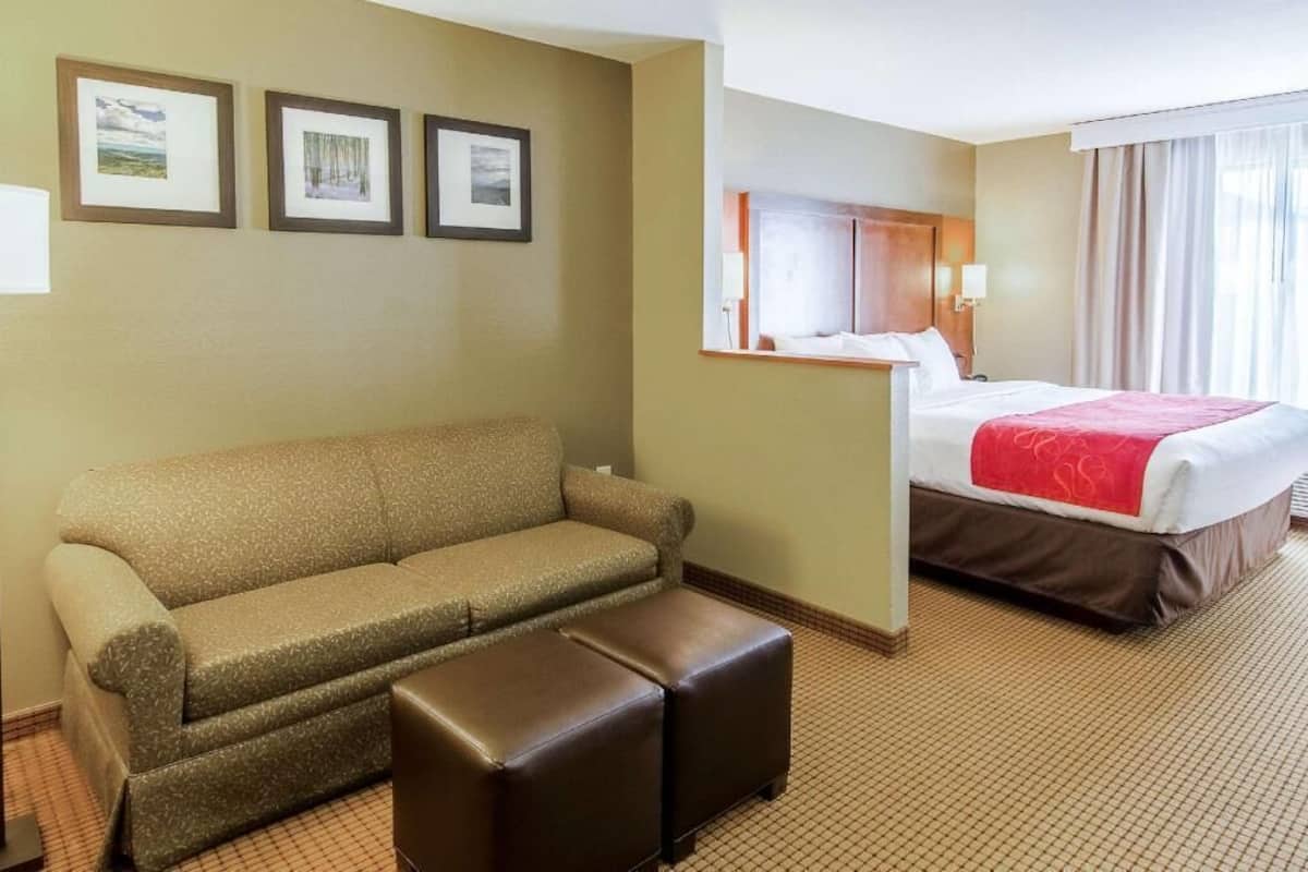 Ein Hotelzimmer mit einer Couch, einem Bett, einem Fenster mit Vorhängen und gerahmten Bildern an der Wand.
