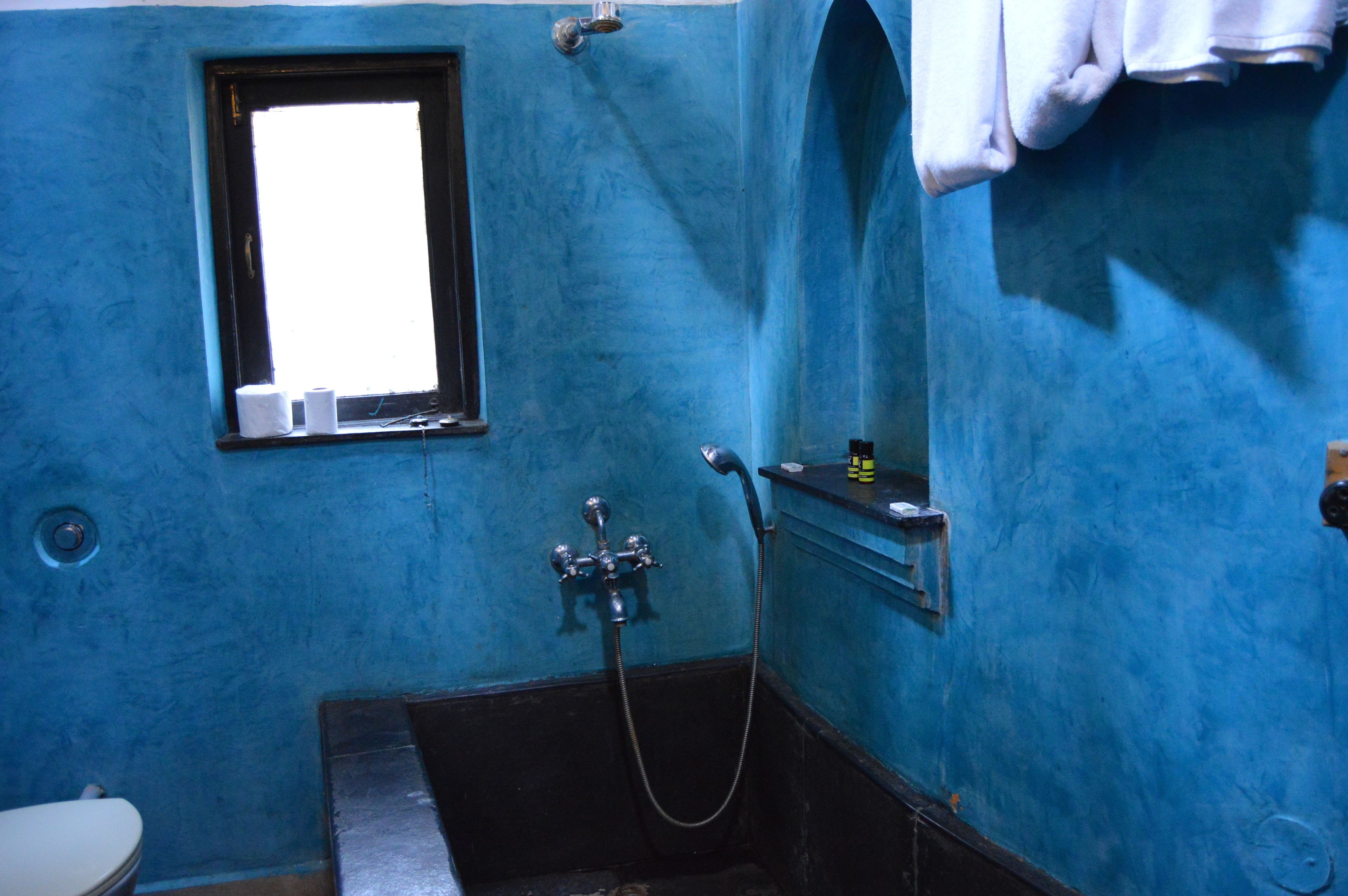 A bathroom with a blue wall, a window, a shower, and a toilet.