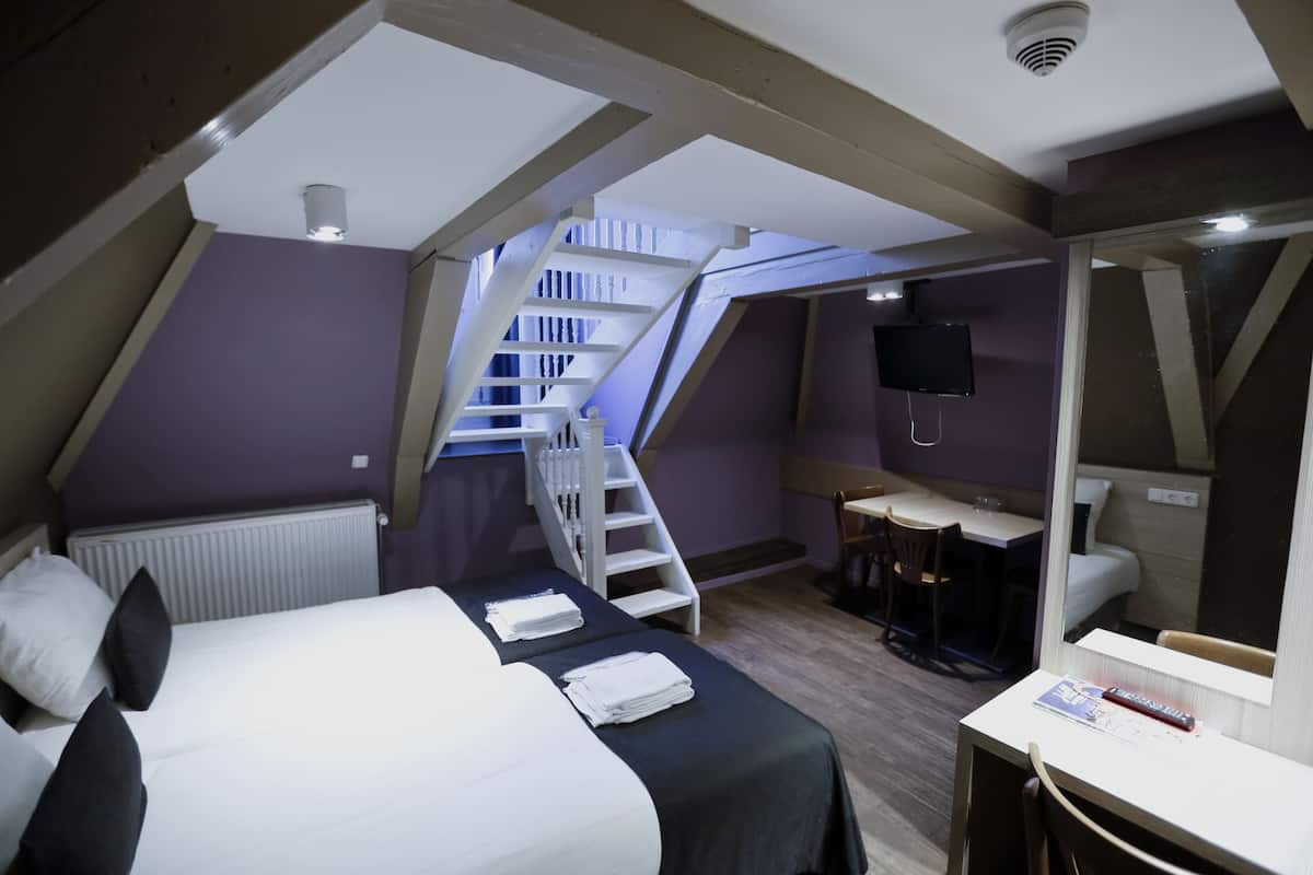 Un dormitorio con cama, escritorio, silla, televisor y una escalera.
