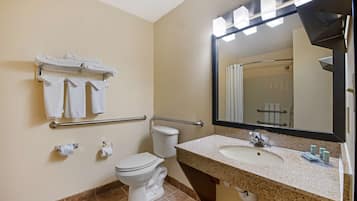 Een badkamer met toilet, wastafel, spiegel, handdoekhouder en handgrepen.