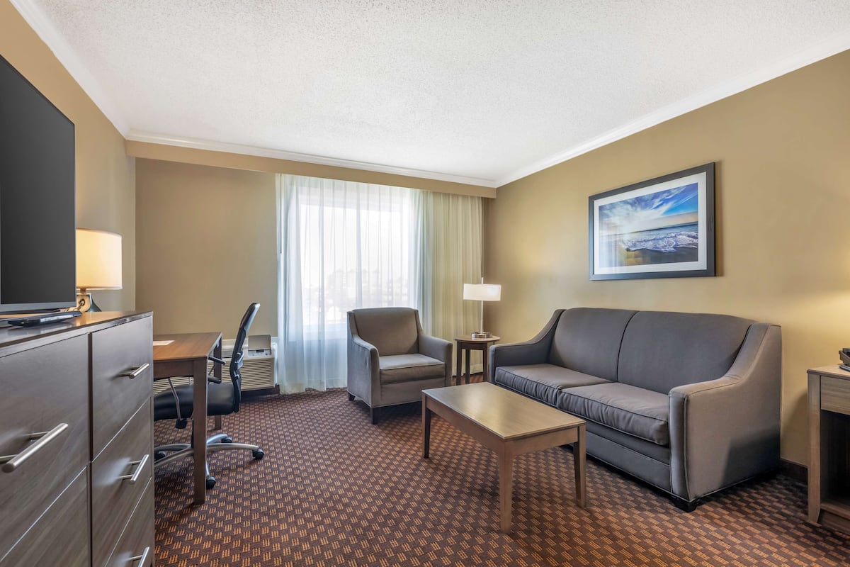A hotel room with a sofa, armchair, desk, and dresser.