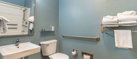 A bathroom with a sink, toilet, and handrails.