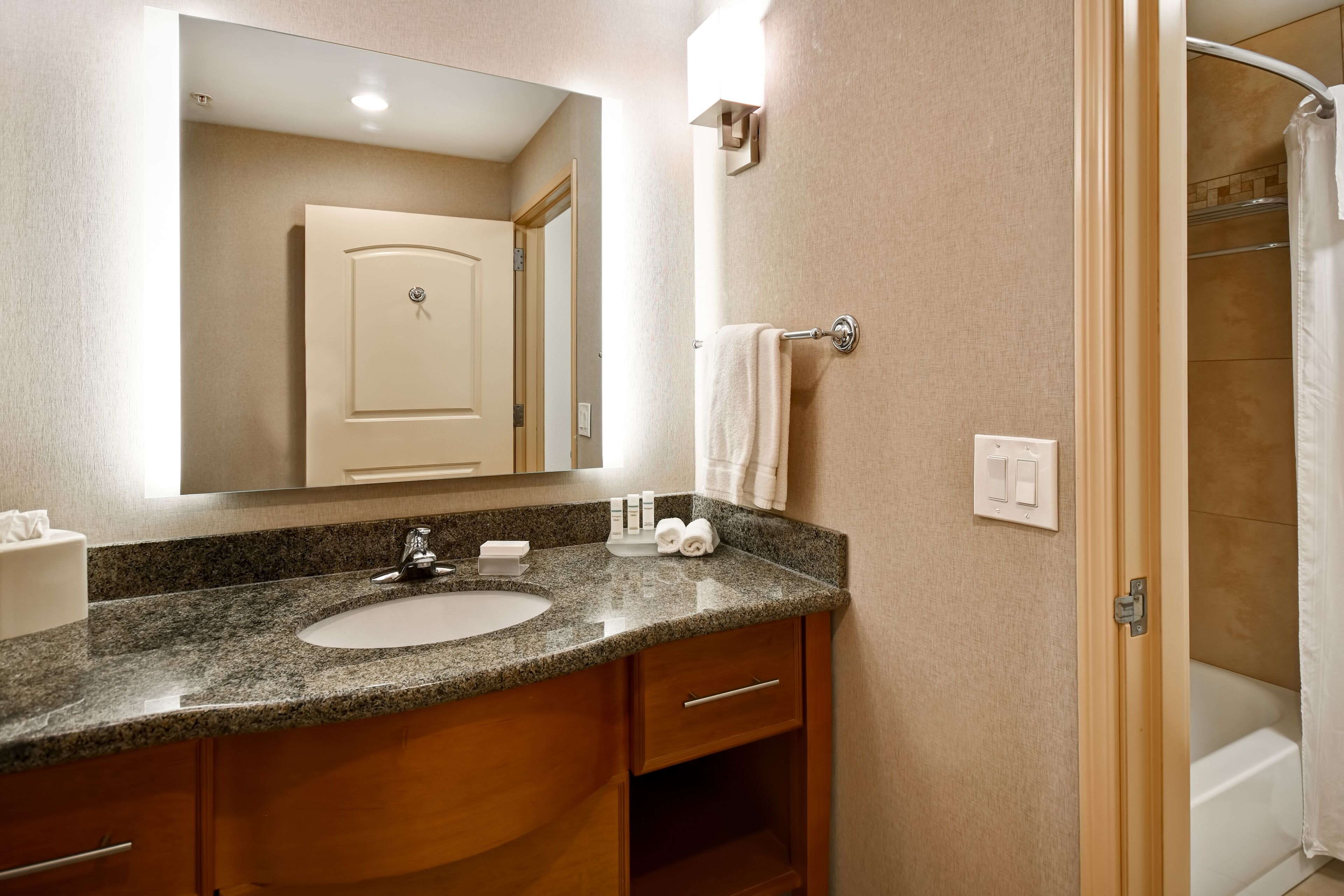 A bathroom with a granite countertop sink, wooden cabinets, a large mirror, and a shower area.