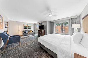 A hotel room with a bed, a desk, a chair, a TV, and a window with curtains.