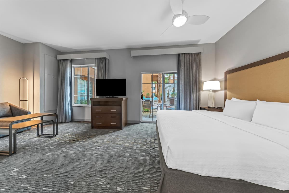 Une chambre d’hôtel équipée d’un lit, d’une télévision, d’un bureau, d’une chaise, d’une lampe et offrant une vue sur l’extérieur.