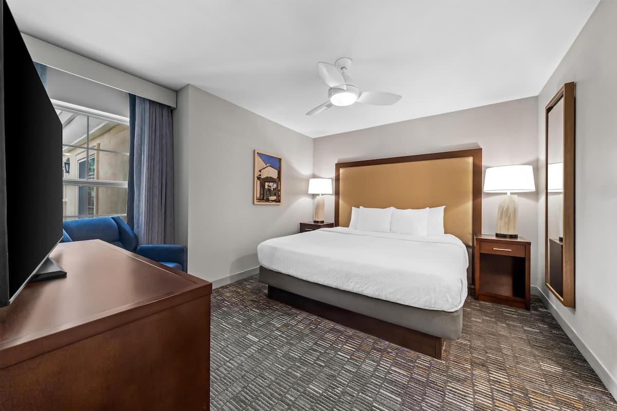 Une chambre d’hôtel comprenant un lit, un bureau, une chaise, un ventilateur de plafond, une fenêtre avec des rideaux et un tableau au mur.