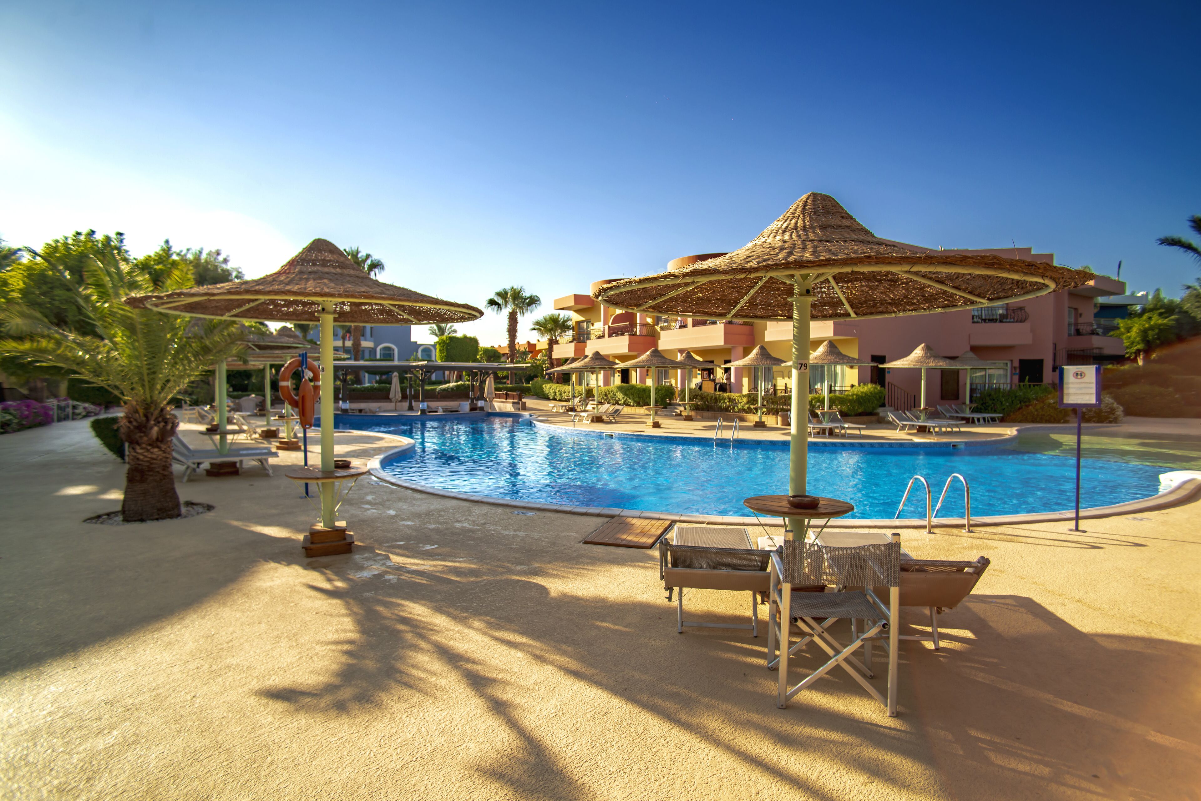 A pool area with umbrellas, lounge chairs, and a building in the background.