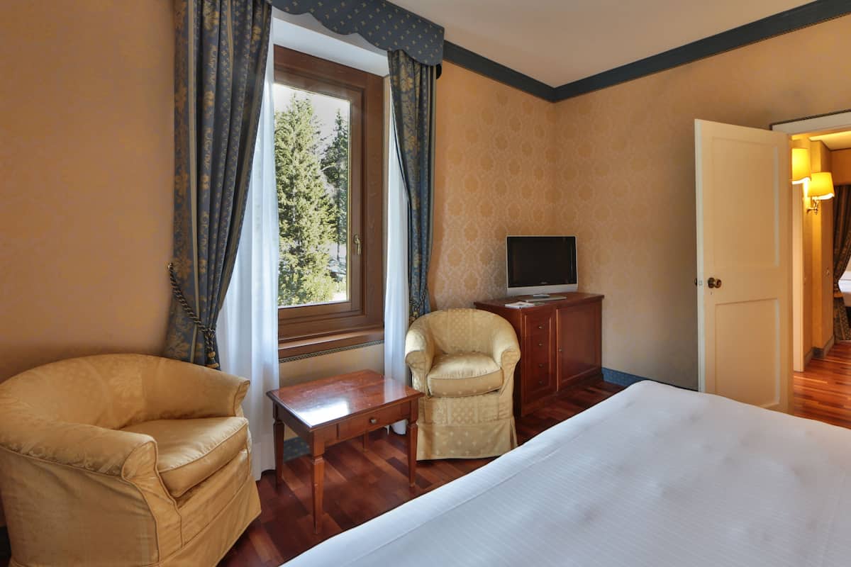 Habitación de hotel con una cama grande, un escritorio con televisor, una silla y vista a árboles por la ventana.