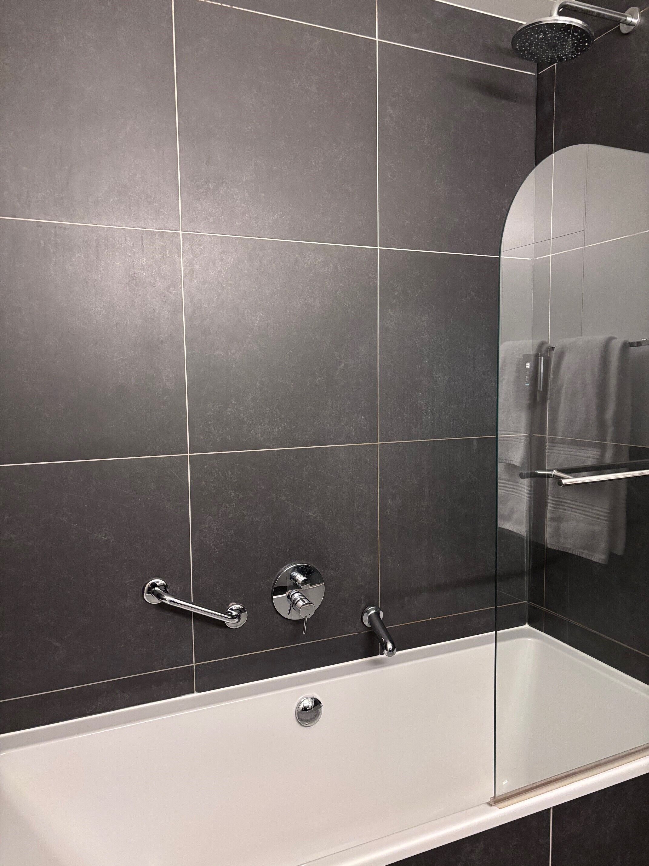 Standaard suite | Badkamer | Een douche, een regendouche, een haardroger, handdoeken