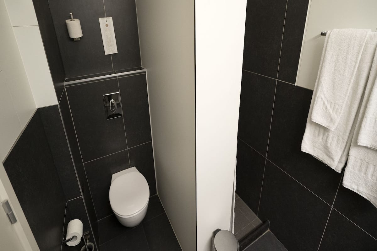 shower, rainfall showerhead, hair dryer, towels