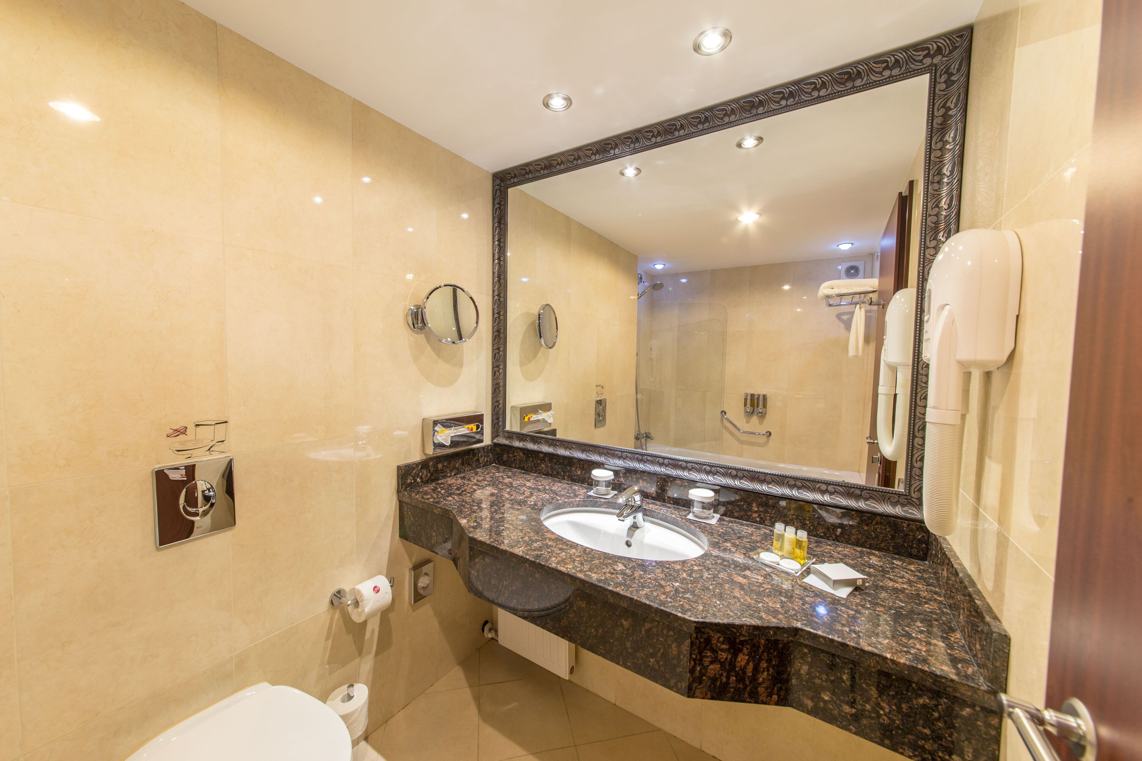 bathtub, free toiletries, hair dryer, bathrobes