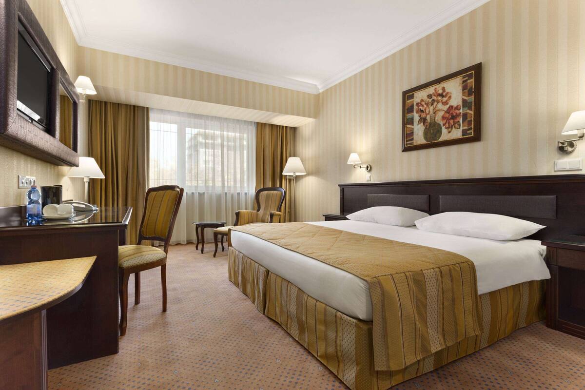 Een hotelkamer met een bed, een bureau, een stoel, een televisie en een schilderij aan de muur.
