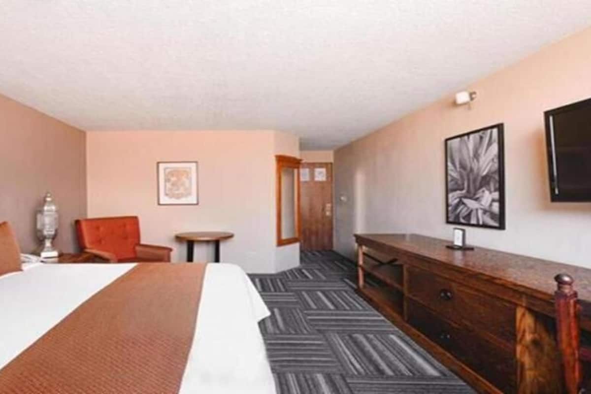 Une chambre d’hôtel avec un lit, une chaise, une petite table, un téléviseur et un tableau au mur.